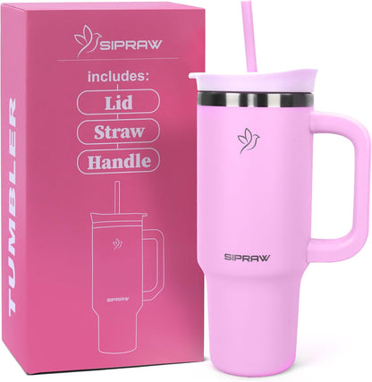 40oz Tumbler with Handle and Straw Insulated Stainless Steel Travel Mug Vacuum Double Wall Coffee Cup Leak Resistant Lid BPA-Free Cup Holder Friendly for Hot & Cold Drinks, Pink
