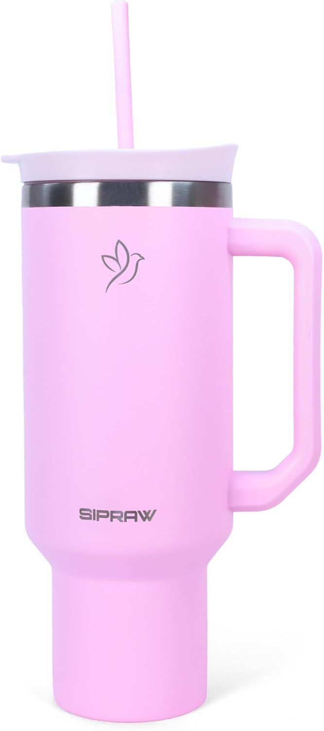 40oz Tumbler with Handle and Straw Insulated Stainless Steel Travel Mug Vacuum Double Wall Coffee Cup Leak Resistant Lid BPA-Free Cup Holder Friendly for Hot & Cold Drinks, Pink