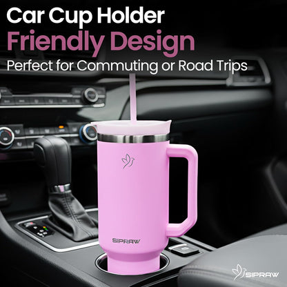 40oz Tumbler with Handle and Straw Insulated Stainless Steel Travel Mug Vacuum Double Wall Coffee Cup Leak Resistant Lid BPA-Free Cup Holder Friendly for Hot & Cold Drinks, Pink