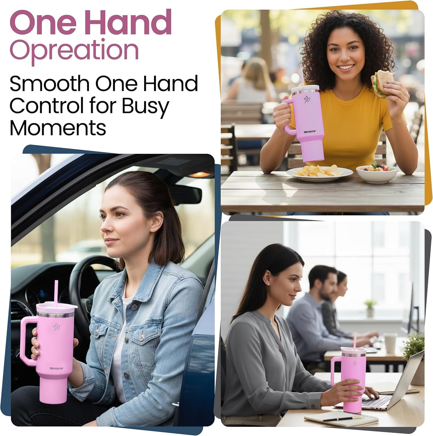 40oz Tumbler with Handle and Straw Insulated Stainless Steel Travel Mug Vacuum Double Wall Coffee Cup Leak Resistant Lid BPA-Free Cup Holder Friendly for Hot & Cold Drinks, Pink