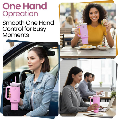 40oz Tumbler with Handle and Straw Insulated Stainless Steel Travel Mug Vacuum Double Wall Coffee Cup Leak Resistant Lid BPA-Free Cup Holder Friendly for Hot & Cold Drinks, Pink