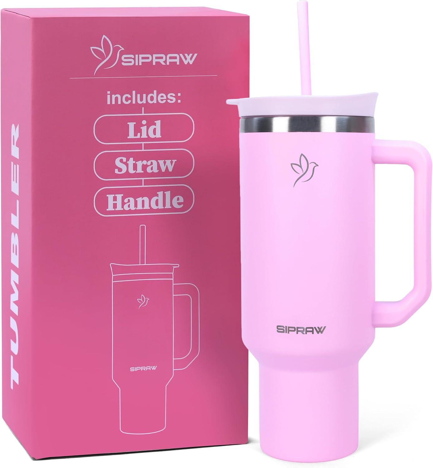 40oz Tumbler with Handle and Straw Insulated Stainless Steel Travel Mug Vacuum Double Wall Coffee Cup Leak Resistant Lid BPA-Free Cup Holder Friendly for Hot & Cold Drinks, Pink