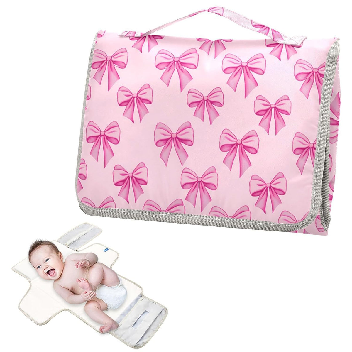 Portable Changing Pad for Baby - Pink Bows Waterproof Diaper Changing Mat Travel Changing Pad with Built-in Pillow - Shower Gift for Baby