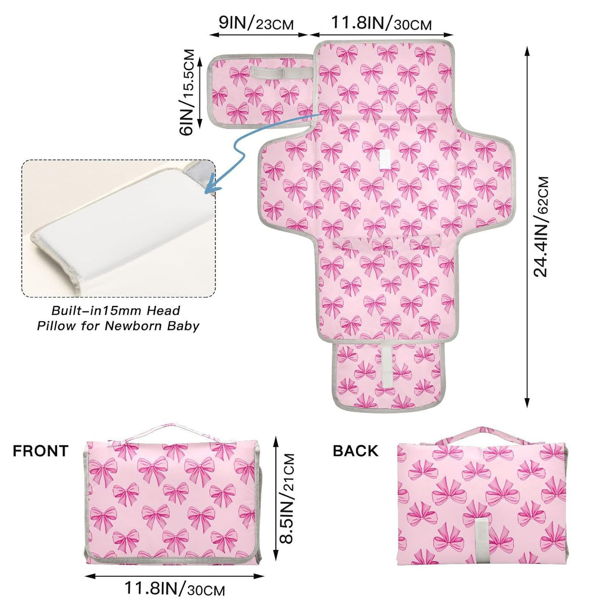 Portable Changing Pad for Baby - Pink Bows Waterproof Diaper Changing Mat Travel Changing Pad with Built-in Pillow - Shower Gift for Baby