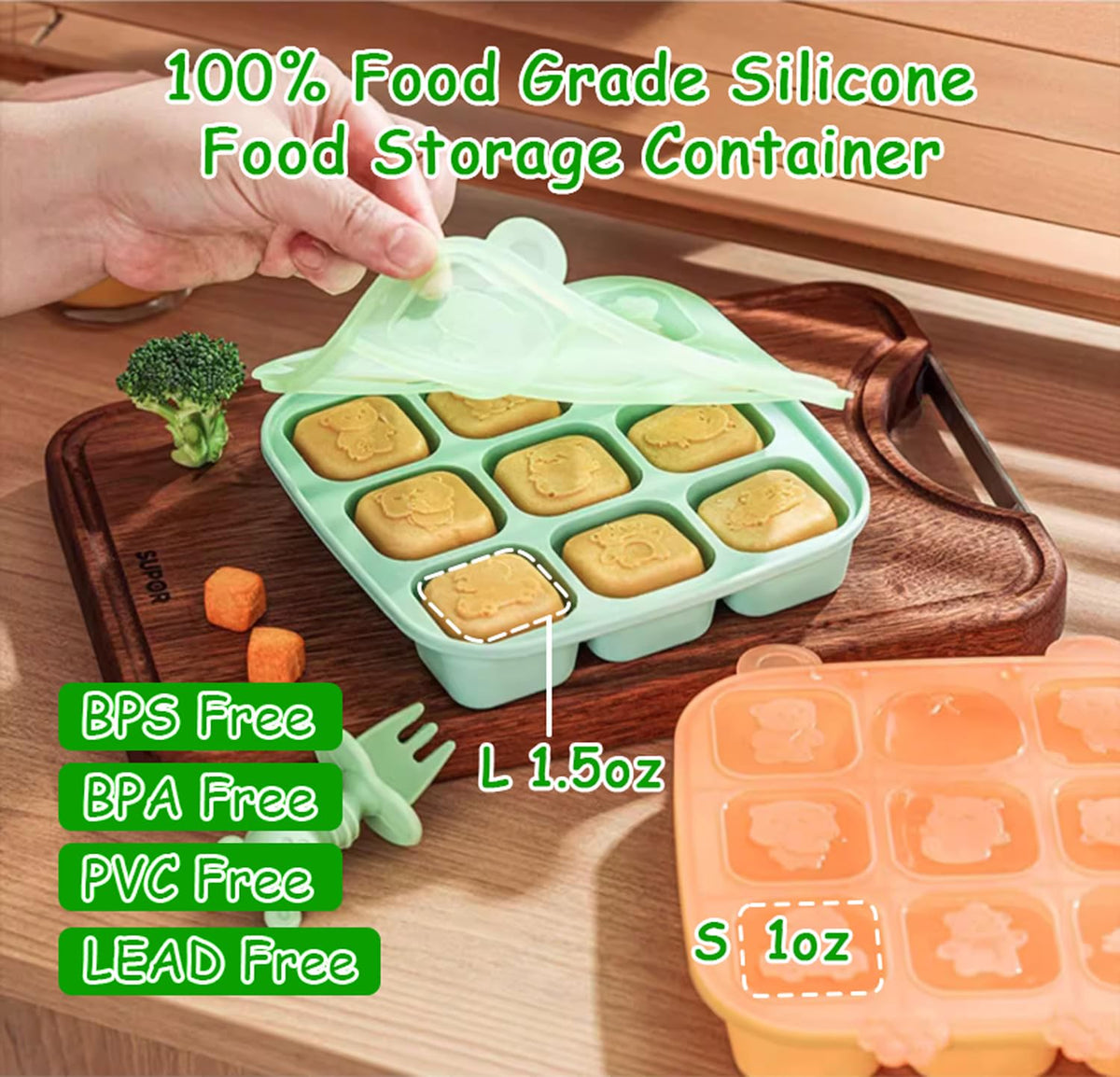 Silicone Freezer Tray with Lid, Food Storage Container for Homemade Baby Food, Vegetable, Fruit Purees, Breast Milk Feeder & Mini Nibble Combo, Breastmilk Popsicle Molds, 3 Pack (S)