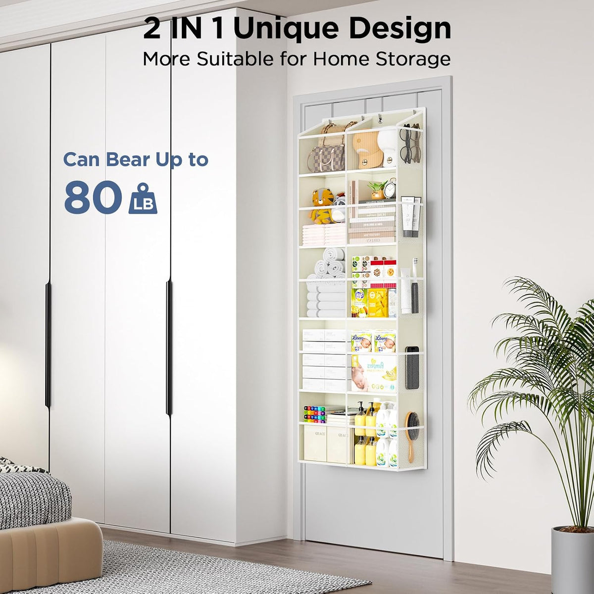 5-Tier Over the Door Organizer, 10 Side Mesh Pockets & Clear Windows, 80LBS Heavy Duty Hanging Storage for Baby Diapers, Shoes, Toys – Ideal for Nursery, Bathroom, Bedroom, Pantry (Grey)