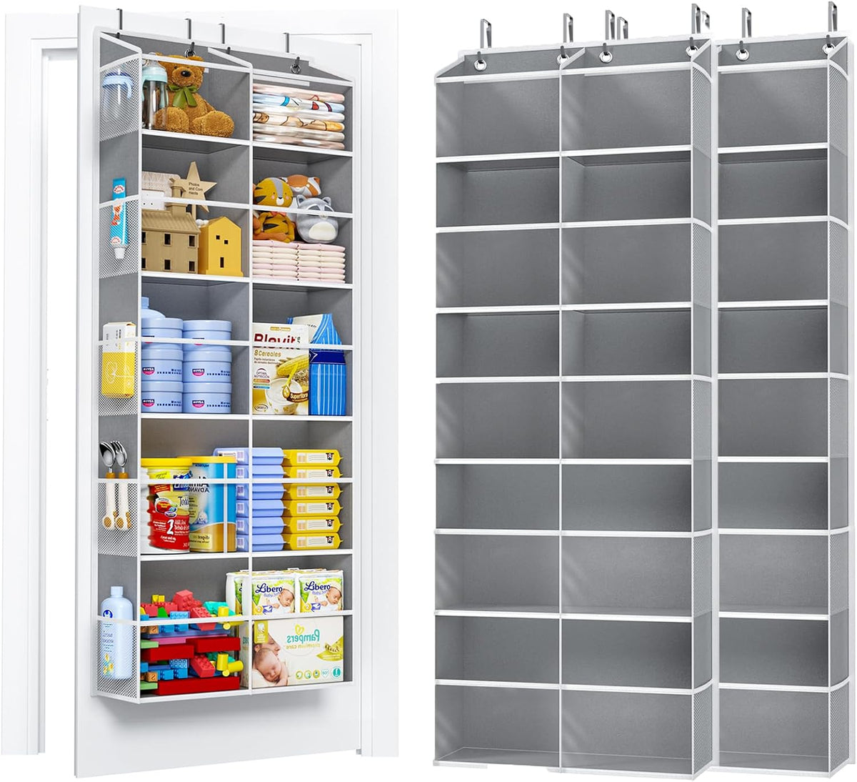 5-Tier Over the Door Organizer, 10 Side Mesh Pockets & Clear Windows, 80LBS Heavy Duty Hanging Storage for Baby Diapers, Shoes, Toys – Ideal for Nursery, Bathroom, Bedroom, Pantry (Grey)