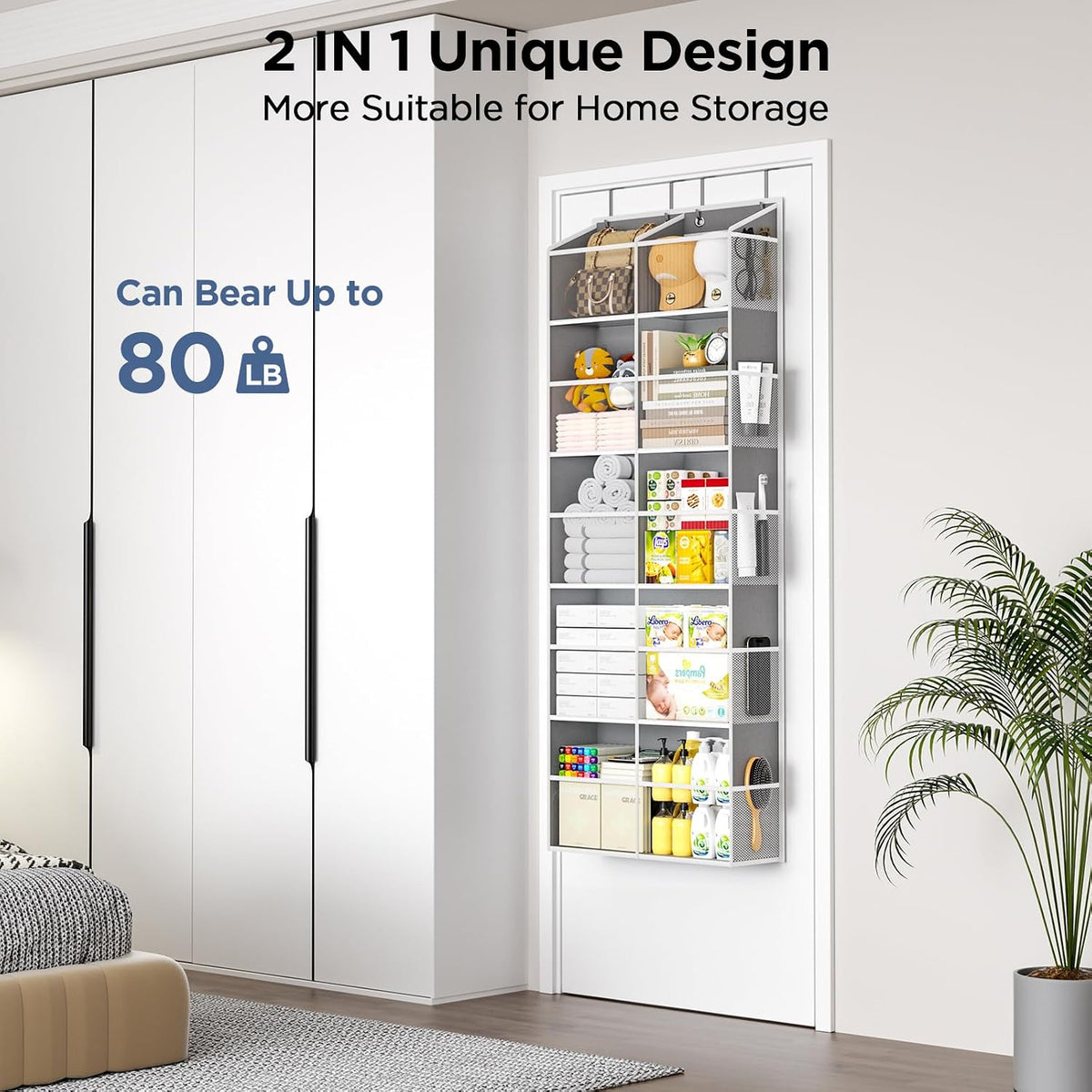 5-Tier Over the Door Organizer, 10 Side Mesh Pockets & Clear Windows, 80LBS Heavy Duty Hanging Storage for Baby Diapers, Shoes, Toys – Ideal for Nursery, Bathroom, Bedroom, Pantry (Grey)