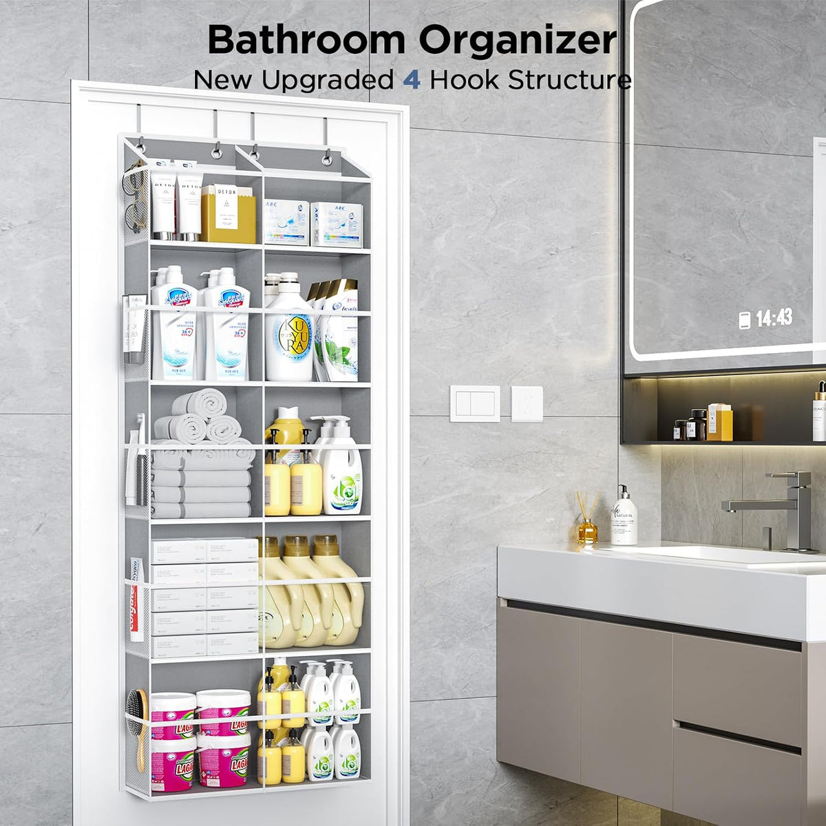 5-Tier Over the Door Organizer, 10 Side Mesh Pockets & Clear Windows, 80LBS Heavy Duty Hanging Storage for Baby Diapers, Shoes, Toys – Ideal for Nursery, Bathroom, Bedroom, Pantry (Grey)