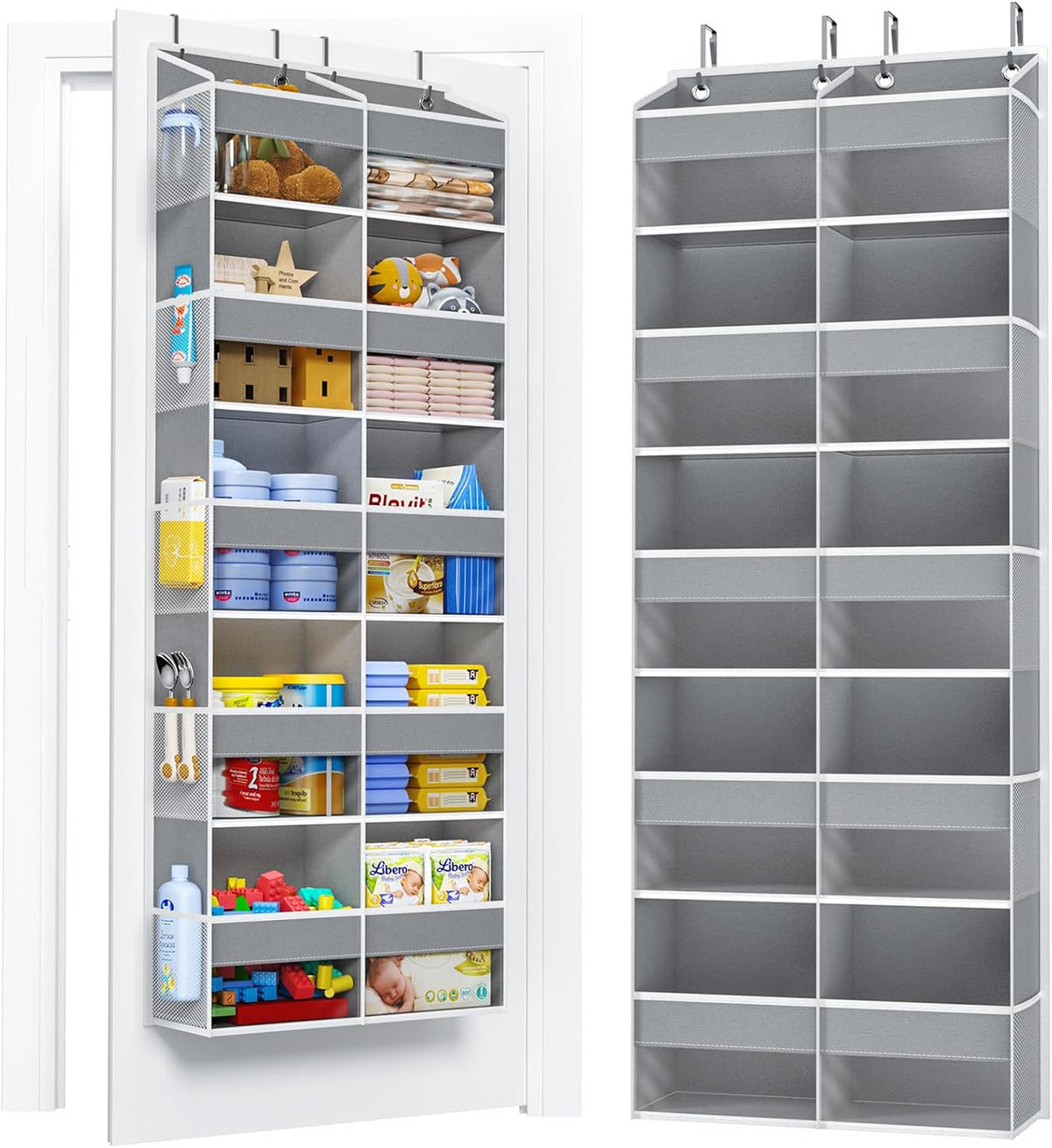 5-Tier Over the Door Organizer, 10 Side Mesh Pockets & Clear Windows, 80LBS Heavy Duty Hanging Storage for Baby Diapers, Shoes, Toys – Ideal for Nursery, Bathroom, Bedroom, Pantry (Grey)