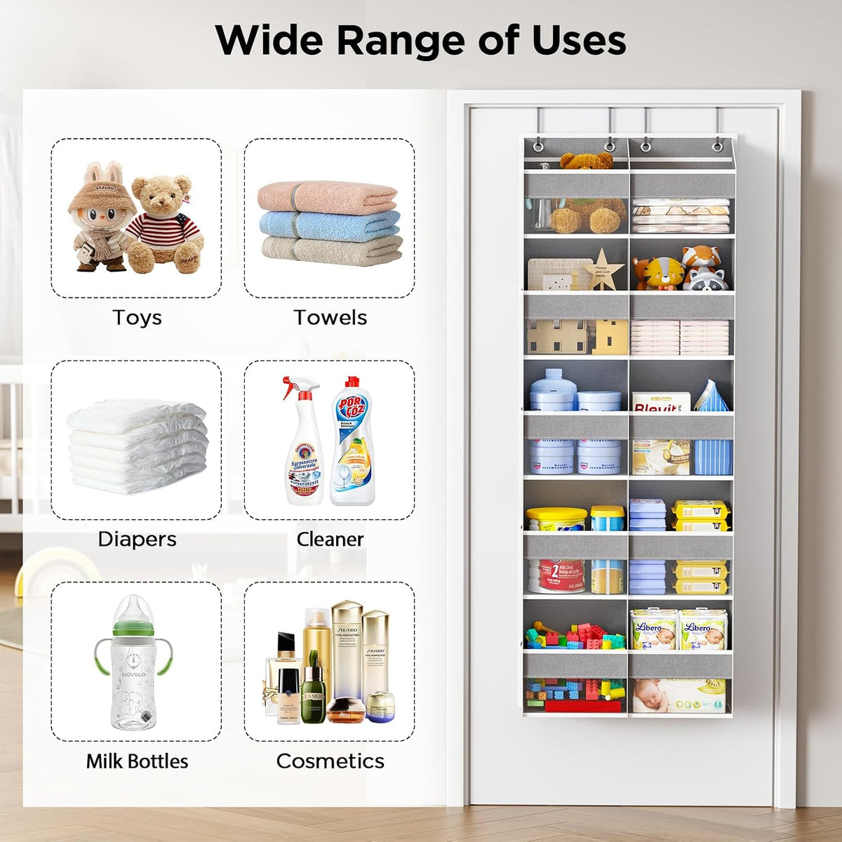 5-Tier Over the Door Organizer, 10 Side Mesh Pockets & Clear Windows, 80LBS Heavy Duty Hanging Storage for Baby Diapers, Shoes, Toys – Ideal for Nursery, Bathroom, Bedroom, Pantry (Grey)