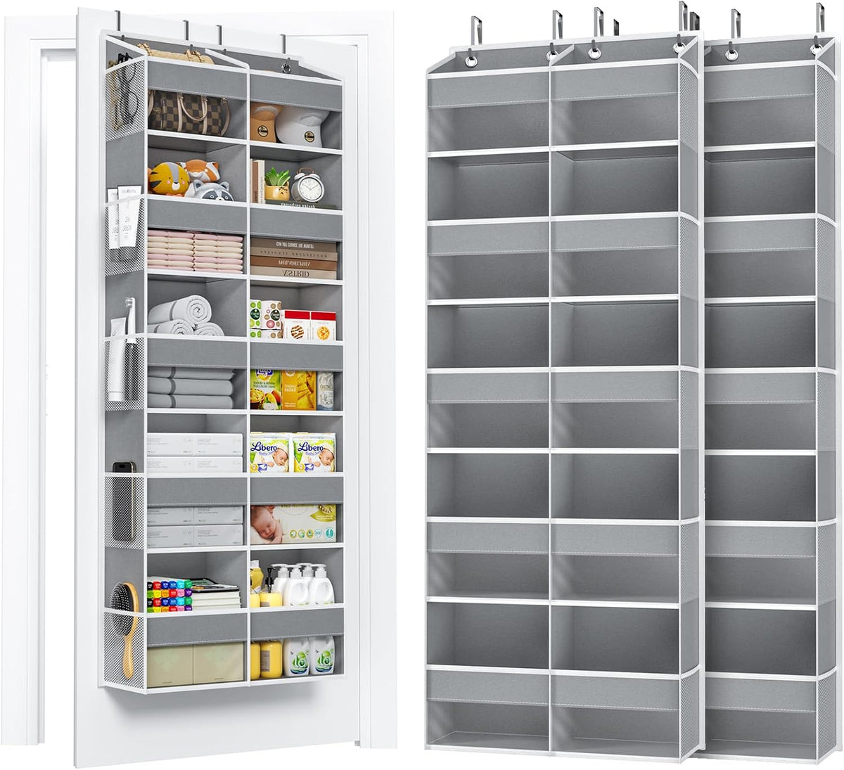 5-Tier Over the Door Organizer, 10 Side Mesh Pockets & Clear Windows, 80LBS Heavy Duty Hanging Storage for Baby Diapers, Shoes, Toys – Ideal for Nursery, Bathroom, Bedroom, Pantry (Grey)