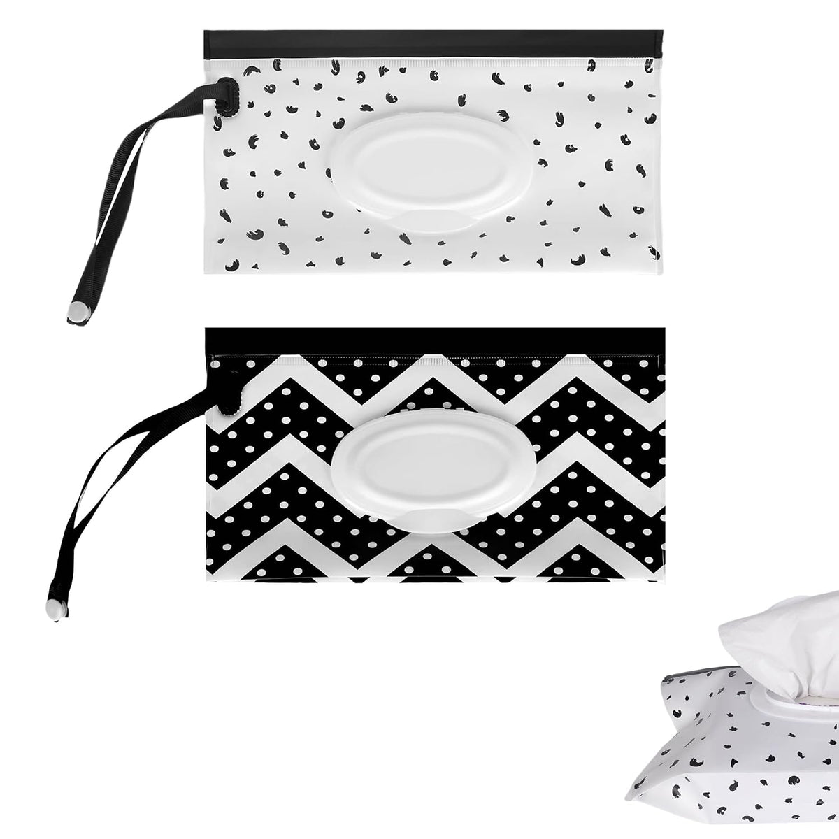 2PCS Portable Wet Wipes Bag, EVA Travel Wet Wipes Dispenser Pouch for Outdoor, Travel and Daily Use (Wave & Feather Designs)