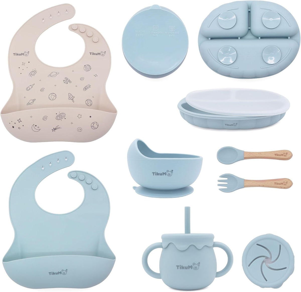 Baby Led Weaning Set, 9 Piece Silicone Feeding Set with Suction Plate, Lid, Bowl, Sippy Cup with Straw, Utensils & 1 Space and 1 Solid Bib, BPA Free, Dishwasher Safe (Dusty Blue)