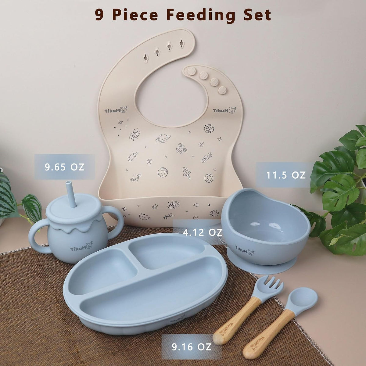 Baby Led Weaning Set, 9 Piece Silicone Feeding Set with Suction Plate, Lid, Bowl, Sippy Cup with Straw, Utensils & 1 Space and 1 Solid Bib, BPA Free, Dishwasher Safe (Dusty Blue)