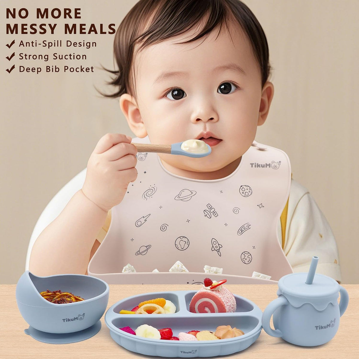 Baby Led Weaning Set, 9 Piece Silicone Feeding Set with Suction Plate, Lid, Bowl, Sippy Cup with Straw, Utensils & 1 Space and 1 Solid Bib, BPA Free, Dishwasher Safe (Dusty Blue)