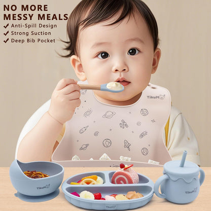 Baby Led Weaning Set, 9 Piece Silicone Feeding Set with Suction Plate, Lid, Bowl, Sippy Cup with Straw, Utensils & 1 Space and 1 Solid Bib, BPA Free, Dishwasher Safe (Dusty Blue)