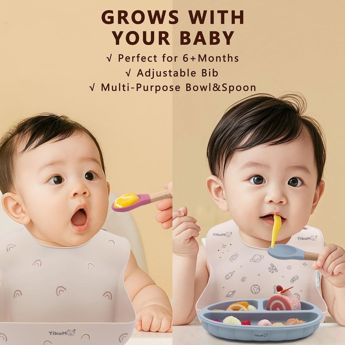 Baby Led Weaning Set, 9 Piece Silicone Feeding Set with Suction Plate, Lid, Bowl, Sippy Cup with Straw, Utensils & 1 Space and 1 Solid Bib, BPA Free, Dishwasher Safe (Dusty Blue)