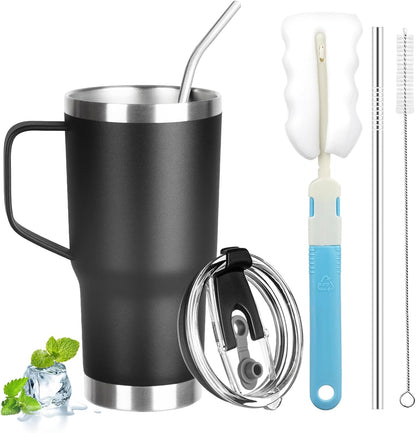 20 oz Tumbler with Handle, Stainless Steel Insulated Tumbler with Lid and Straw, Double Wall Vacuum Coffee Mug Tumbler, Insulated Coffee Thermal Cup for Cold and Hot (Black)