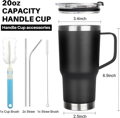 20 oz Tumbler with Handle, Stainless Steel Insulated Tumbler with Lid and Straw, Double Wall Vacuum Coffee Mug Tumbler, Insulated Coffee Thermal Cup for Cold and Hot (Black)