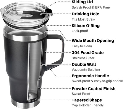 20 oz Tumbler with Handle, Stainless Steel Insulated Tumbler with Lid and Straw, Double Wall Vacuum Coffee Mug Tumbler, Insulated Coffee Thermal Cup for Cold and Hot (Black)