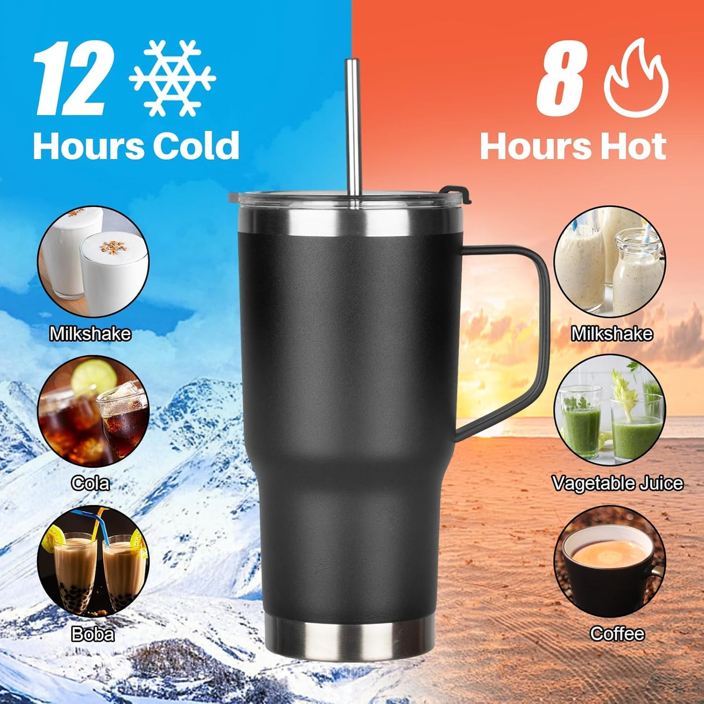 20 oz Tumbler with Handle, Stainless Steel Insulated Tumbler with Lid and Straw, Double Wall Vacuum Coffee Mug Tumbler, Insulated Coffee Thermal Cup for Cold and Hot (Black)