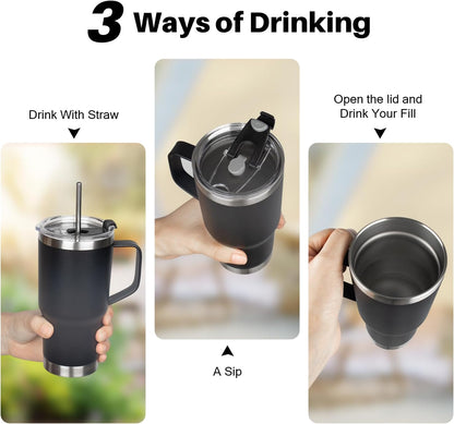 20 oz Tumbler with Handle, Stainless Steel Insulated Tumbler with Lid and Straw, Double Wall Vacuum Coffee Mug Tumbler, Insulated Coffee Thermal Cup for Cold and Hot (Black)