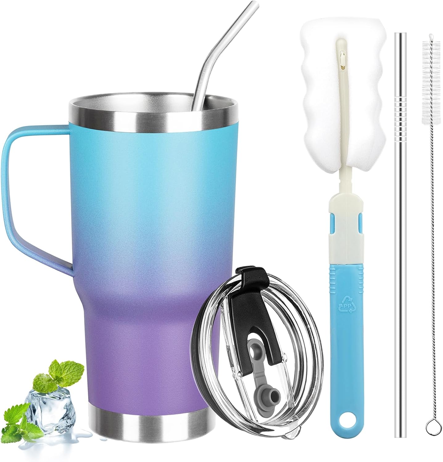 20 oz Tumbler with Handle, Stainless Steel Insulated Tumbler with Lid and Straw, Double Wall Vacuum Coffee Mug Tumbler, Insulated Coffee Thermal Cup for Cold and Hot (Black)