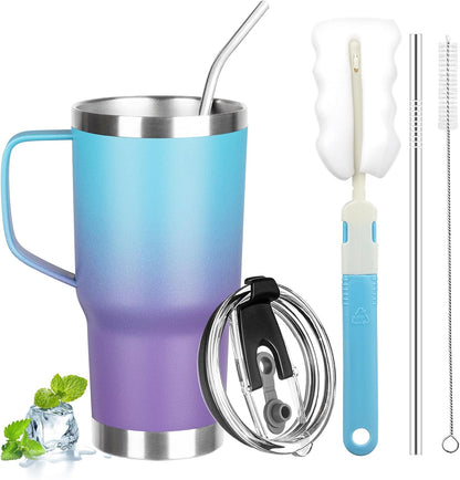 20 oz Tumbler with Handle, Stainless Steel Insulated Tumbler with Lid and Straw, Double Wall Vacuum Coffee Mug Tumbler, Insulated Coffee Thermal Cup for Cold and Hot (Black)