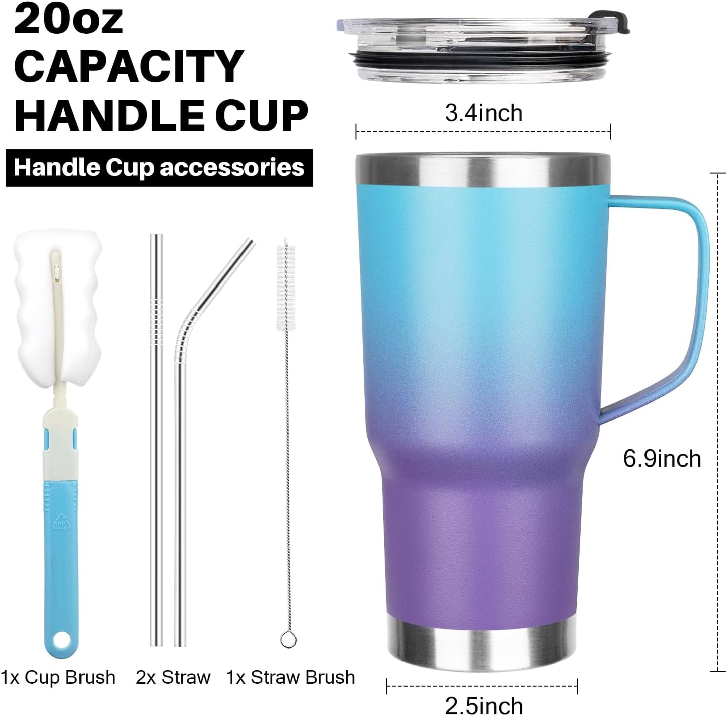 20 oz Tumbler with Handle, Stainless Steel Insulated Tumbler with Lid and Straw, Double Wall Vacuum Coffee Mug Tumbler, Insulated Coffee Thermal Cup for Cold and Hot (Black)