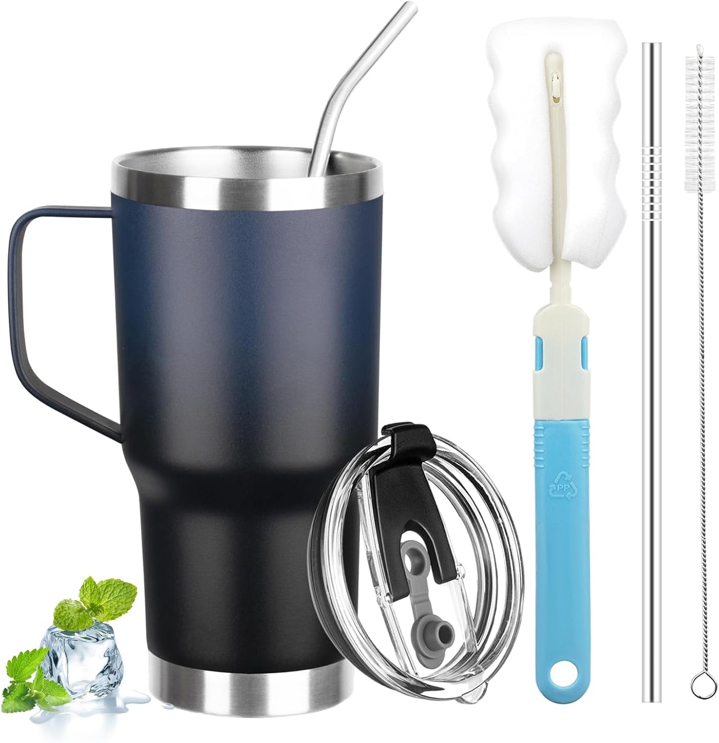 20 oz Tumbler with Handle, Stainless Steel Insulated Tumbler with Lid and Straw, Double Wall Vacuum Coffee Mug Tumbler, Insulated Coffee Thermal Cup for Cold and Hot (Black)