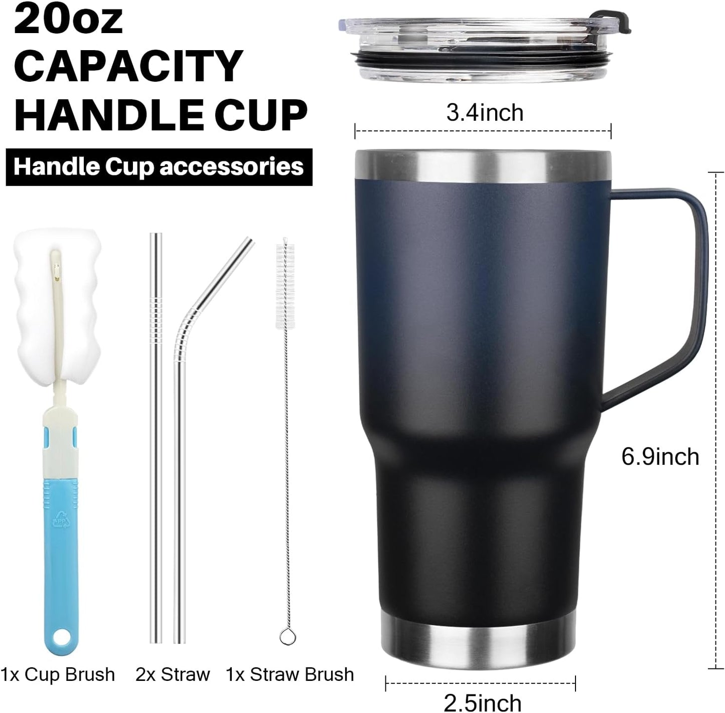 20 oz Tumbler with Handle, Stainless Steel Insulated Tumbler with Lid and Straw, Double Wall Vacuum Coffee Mug Tumbler, Insulated Coffee Thermal Cup for Cold and Hot (Black)