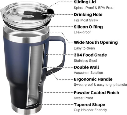 20 oz Tumbler with Handle, Stainless Steel Insulated Tumbler with Lid and Straw, Double Wall Vacuum Coffee Mug Tumbler, Insulated Coffee Thermal Cup for Cold and Hot (Black)