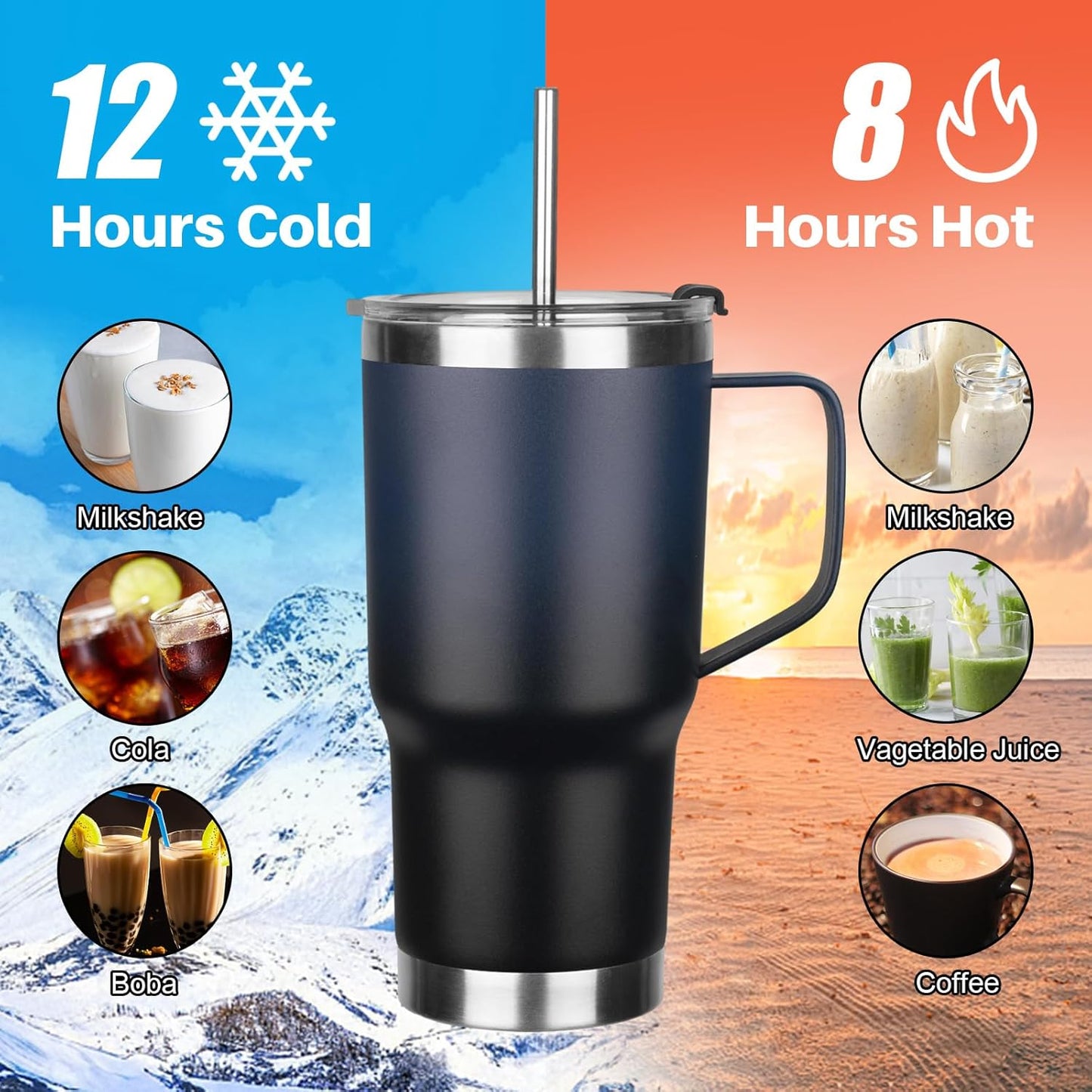 20 oz Tumbler with Handle, Stainless Steel Insulated Tumbler with Lid and Straw, Double Wall Vacuum Coffee Mug Tumbler, Insulated Coffee Thermal Cup for Cold and Hot (Black)