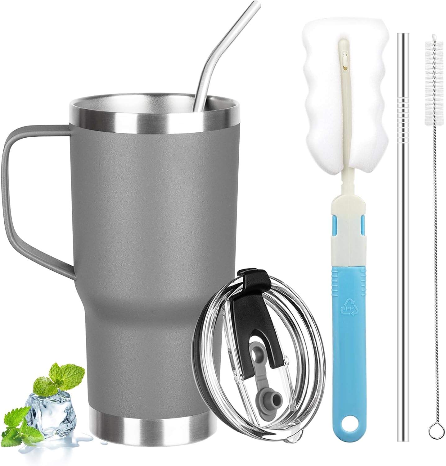20 oz Tumbler with Handle, Stainless Steel Insulated Tumbler with Lid and Straw, Double Wall Vacuum Coffee Mug Tumbler, Insulated Coffee Thermal Cup for Cold and Hot (Black)