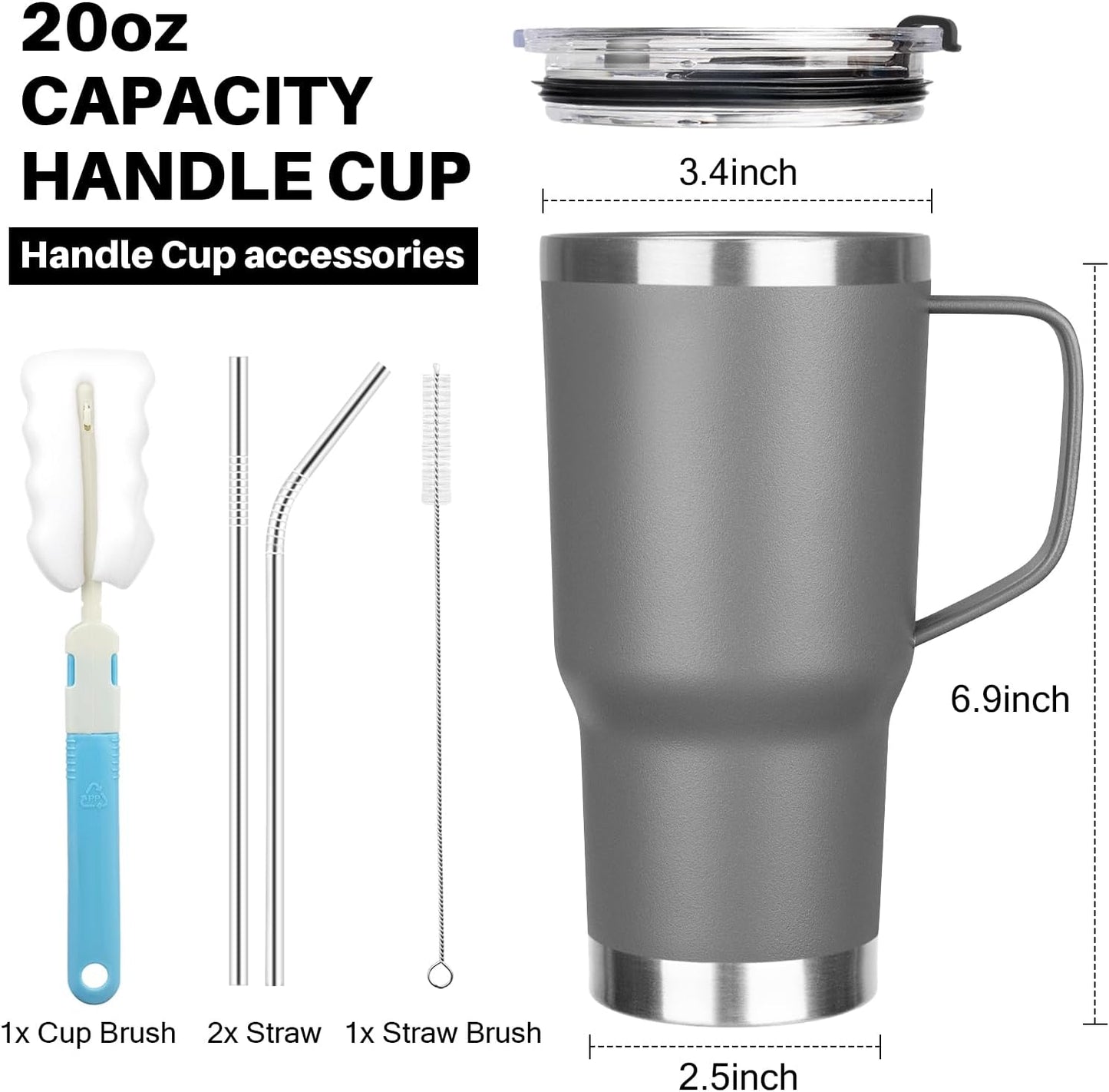 20 oz Tumbler with Handle, Stainless Steel Insulated Tumbler with Lid and Straw, Double Wall Vacuum Coffee Mug Tumbler, Insulated Coffee Thermal Cup for Cold and Hot (Black)