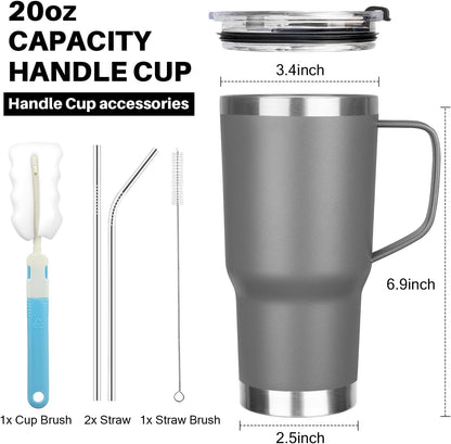 20 oz Tumbler with Handle, Stainless Steel Insulated Tumbler with Lid and Straw, Double Wall Vacuum Coffee Mug Tumbler, Insulated Coffee Thermal Cup for Cold and Hot (Black)