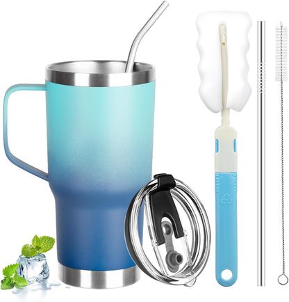 20 oz Tumbler with Handle, Stainless Steel Insulated Tumbler with Lid and Straw, Double Wall Vacuum Coffee Mug Tumbler, Insulated Coffee Thermal Cup for Cold and Hot (Black)