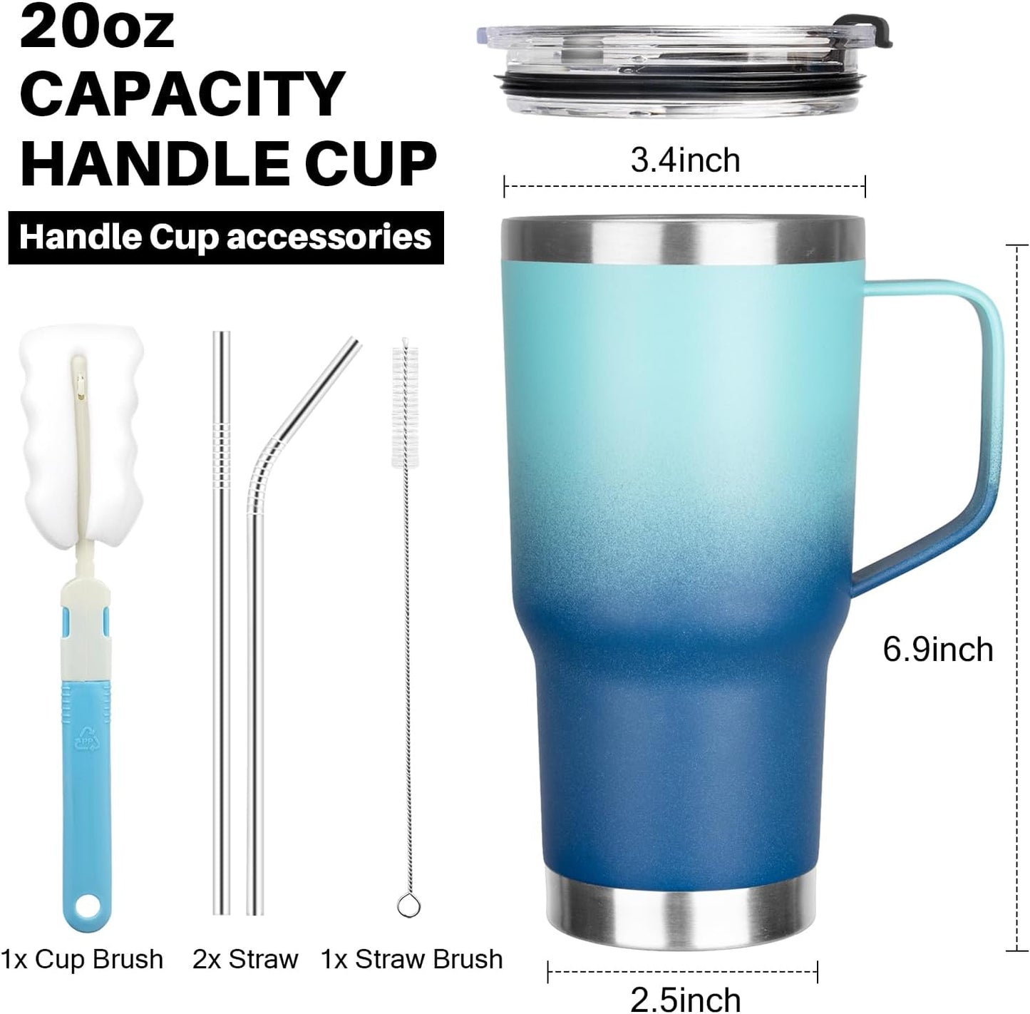 20 oz Tumbler with Handle, Stainless Steel Insulated Tumbler with Lid and Straw, Double Wall Vacuum Coffee Mug Tumbler, Insulated Coffee Thermal Cup for Cold and Hot (Black)