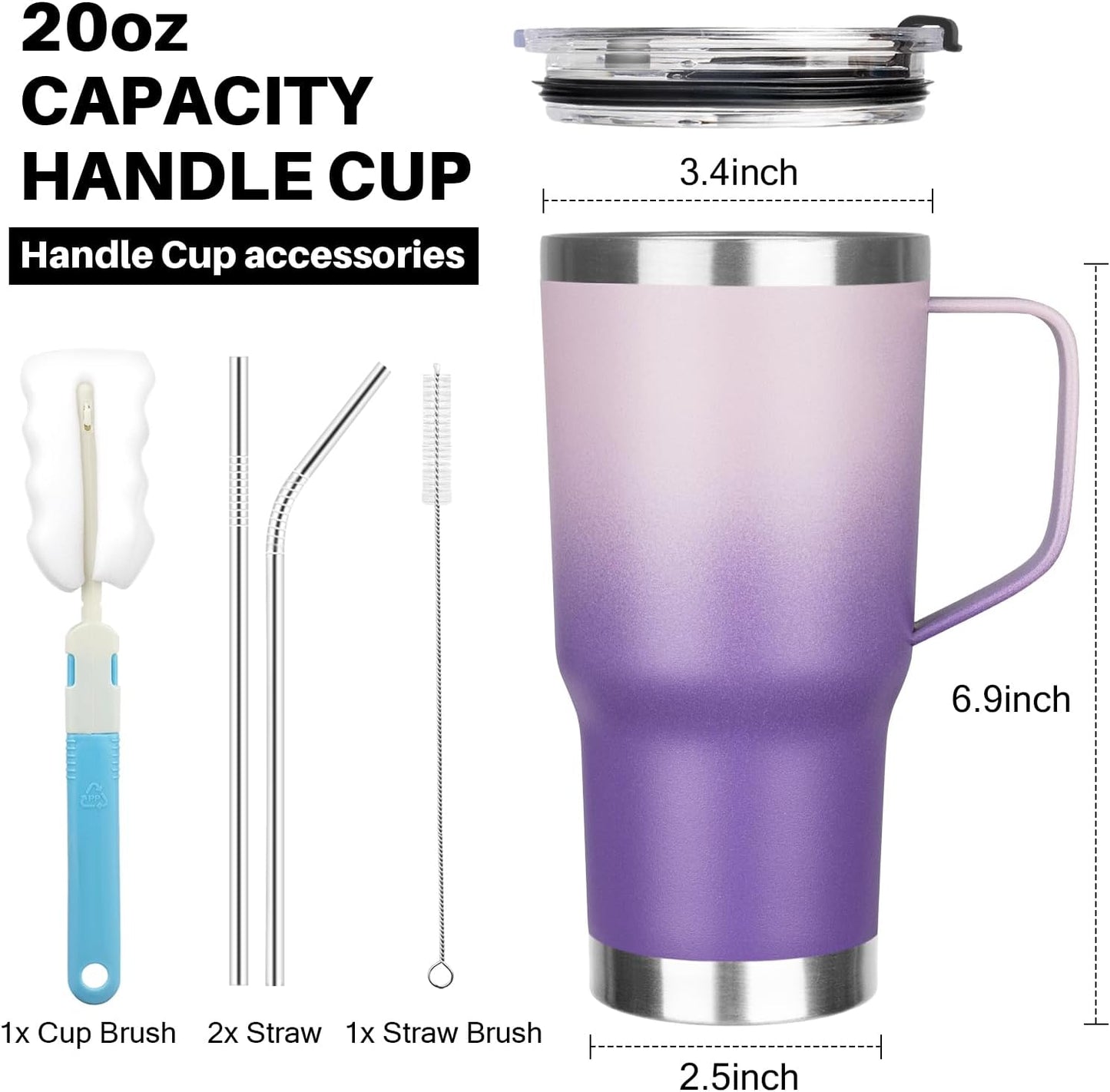 20 oz Tumbler with Handle, Stainless Steel Insulated Tumbler with Lid and Straw, Double Wall Vacuum Coffee Mug Tumbler, Insulated Coffee Thermal Cup for Cold and Hot (Black)
