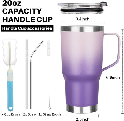 20 oz Tumbler with Handle, Stainless Steel Insulated Tumbler with Lid and Straw, Double Wall Vacuum Coffee Mug Tumbler, Insulated Coffee Thermal Cup for Cold and Hot (Black)