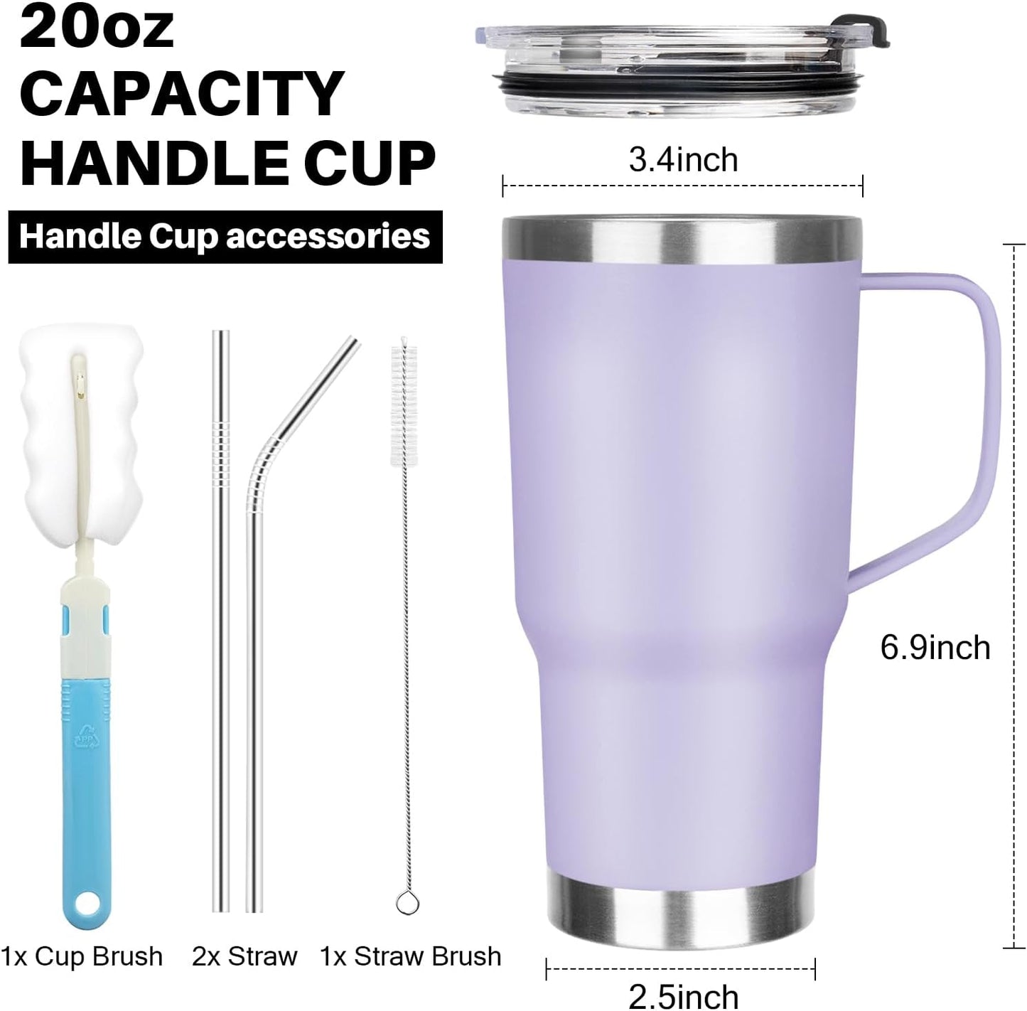 20 oz Tumbler with Handle, Stainless Steel Insulated Tumbler with Lid and Straw, Double Wall Vacuum Coffee Mug Tumbler, Insulated Coffee Thermal Cup for Cold and Hot (Black)