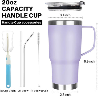 20 oz Tumbler with Handle, Stainless Steel Insulated Tumbler with Lid and Straw, Double Wall Vacuum Coffee Mug Tumbler, Insulated Coffee Thermal Cup for Cold and Hot (Black)