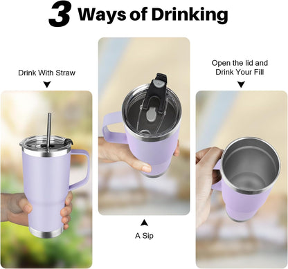 20 oz Tumbler with Handle, Stainless Steel Insulated Tumbler with Lid and Straw, Double Wall Vacuum Coffee Mug Tumbler, Insulated Coffee Thermal Cup for Cold and Hot (Black)