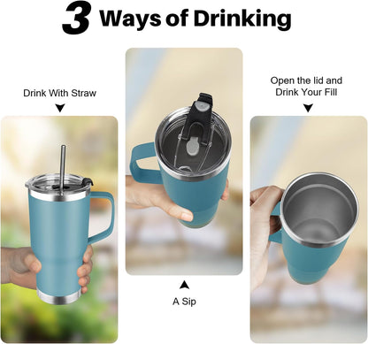 20 oz Tumbler with Handle, Stainless Steel Insulated Tumbler with Lid and Straw, Double Wall Vacuum Coffee Mug Tumbler, Insulated Coffee Thermal Cup for Cold and Hot (Black)