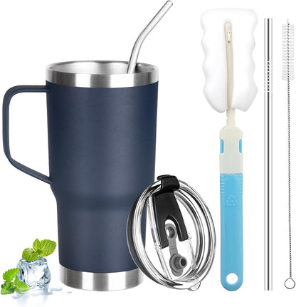 20 oz Tumbler with Handle, Stainless Steel Insulated Tumbler with Lid and Straw, Double Wall Vacuum Coffee Mug Tumbler, Insulated Coffee Thermal Cup for Cold and Hot (Black)