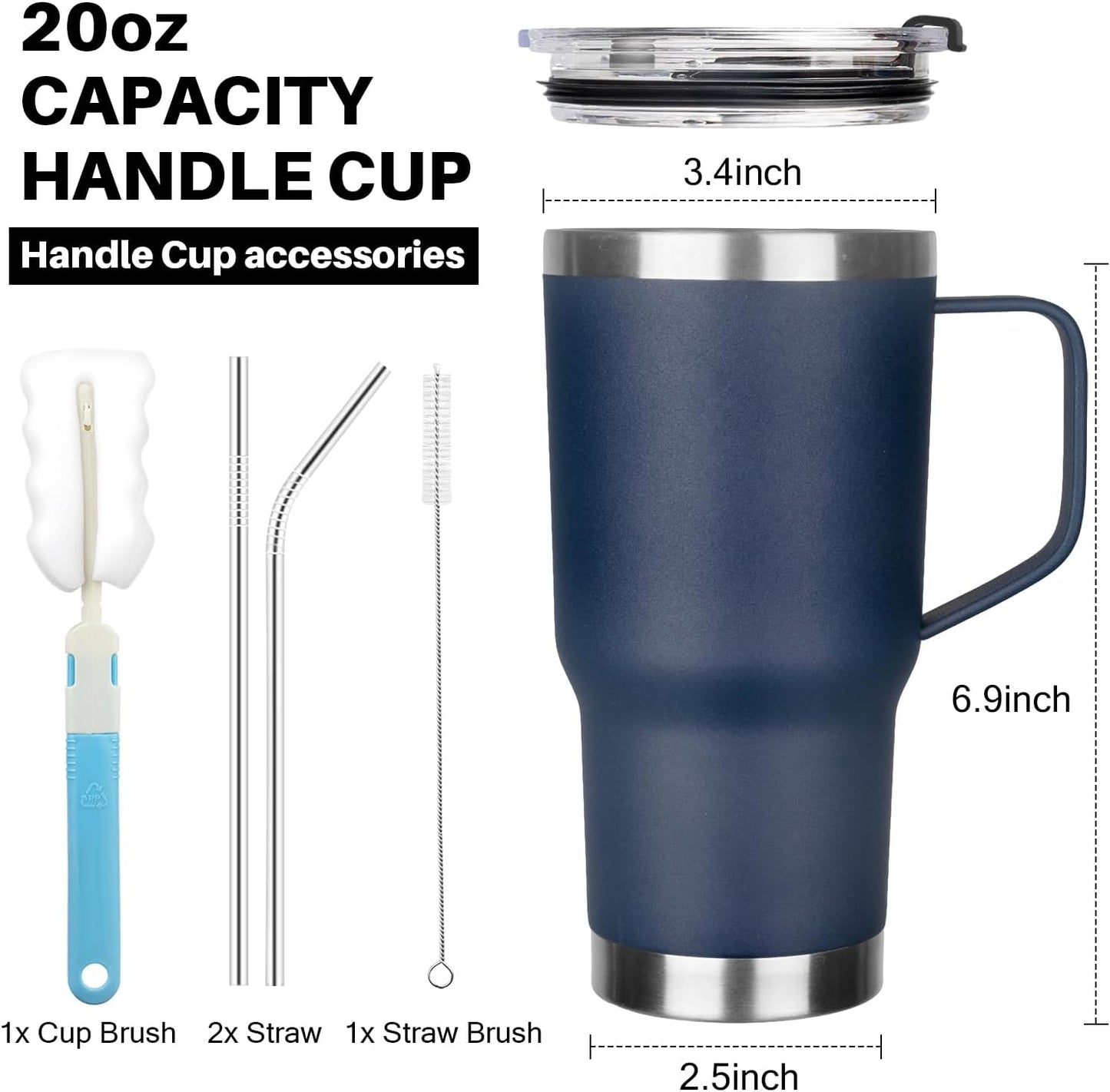 20 oz Tumbler with Handle, Stainless Steel Insulated Tumbler with Lid and Straw, Double Wall Vacuum Coffee Mug Tumbler, Insulated Coffee Thermal Cup for Cold and Hot (Black)