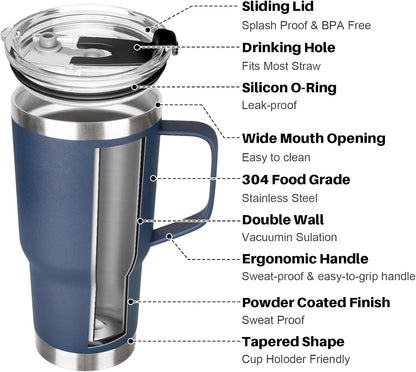 20 oz Tumbler with Handle, Stainless Steel Insulated Tumbler with Lid and Straw, Double Wall Vacuum Coffee Mug Tumbler, Insulated Coffee Thermal Cup for Cold and Hot (Black)