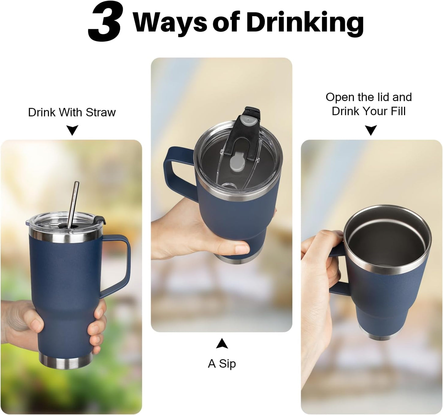 20 oz Tumbler with Handle, Stainless Steel Insulated Tumbler with Lid and Straw, Double Wall Vacuum Coffee Mug Tumbler, Insulated Coffee Thermal Cup for Cold and Hot (Black)