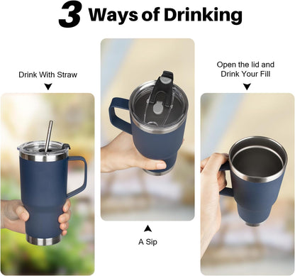 20 oz Tumbler with Handle, Stainless Steel Insulated Tumbler with Lid and Straw, Double Wall Vacuum Coffee Mug Tumbler, Insulated Coffee Thermal Cup for Cold and Hot (Black)
